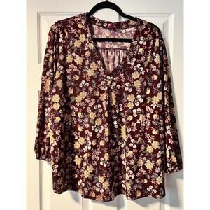 Vince Camuto Womans Sz XXL Blouse Floral V Neck 3/4 Sleeve Maroon Stretch